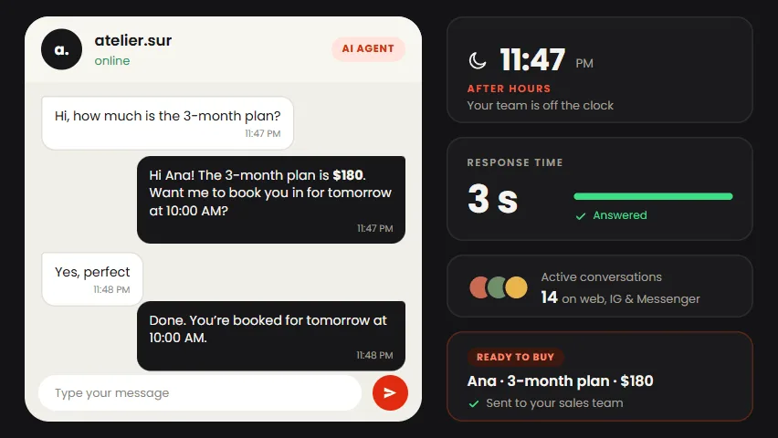 Demo: at 11:47 PM an AI agent answers a website chat in 3 seconds, books an appointment and hands the lead to sales.